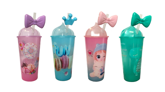 Reusable Plastic Ice Cream Drinking Cup with Straw 500ml 20 cm Assorted Designs 7437 (Parcel Rate)