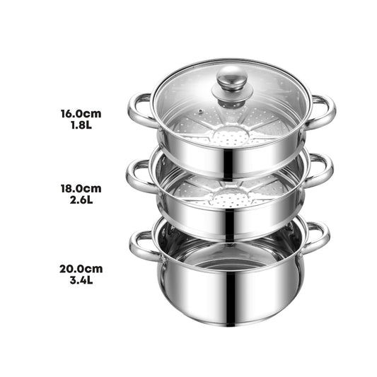 SQ Professional Lustro Stainless Steel Steamer 3 Tier 20 cm 3L 10944 (Big Parcel Rate)