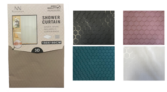 EVA / PE Bathroom Shower Curtain with Curtain Rings Hexagon Pattern 180 x 180 cm Assorted Colours 7344 (Parcel Rate)