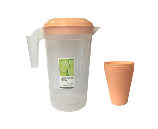 Transparent Plastic Water Juice Jug with Cups 2400ml Assorted Colours 7435 (Parcel Rate)