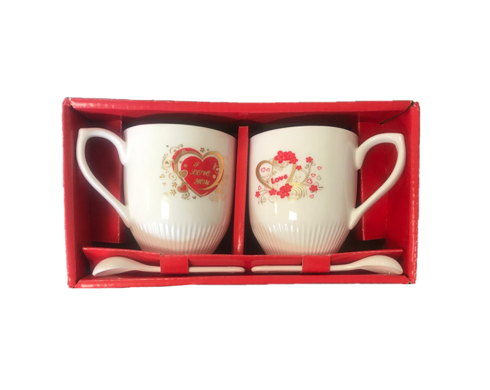 Coffee Tea Cup Mug with Teaspoon Set of 2 Assorted Designs 7519 (Parcel Rate)