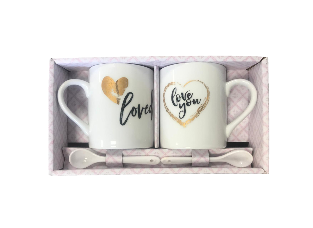 Coffee Tea Cup Mug with Teaspoon Set of 2 Assorted Designs 7519 (Parcel Rate)
