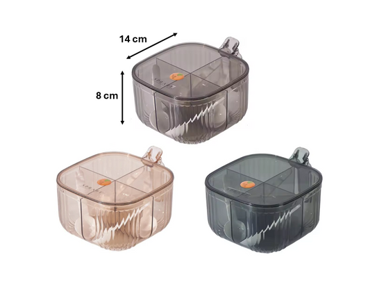 Plastic Transparent 4 Compartment Seasoning Spice Storage with Handle and Spoons 14 x 14 x 8 cm Assorted Colours 7614 (Parcel Rate)