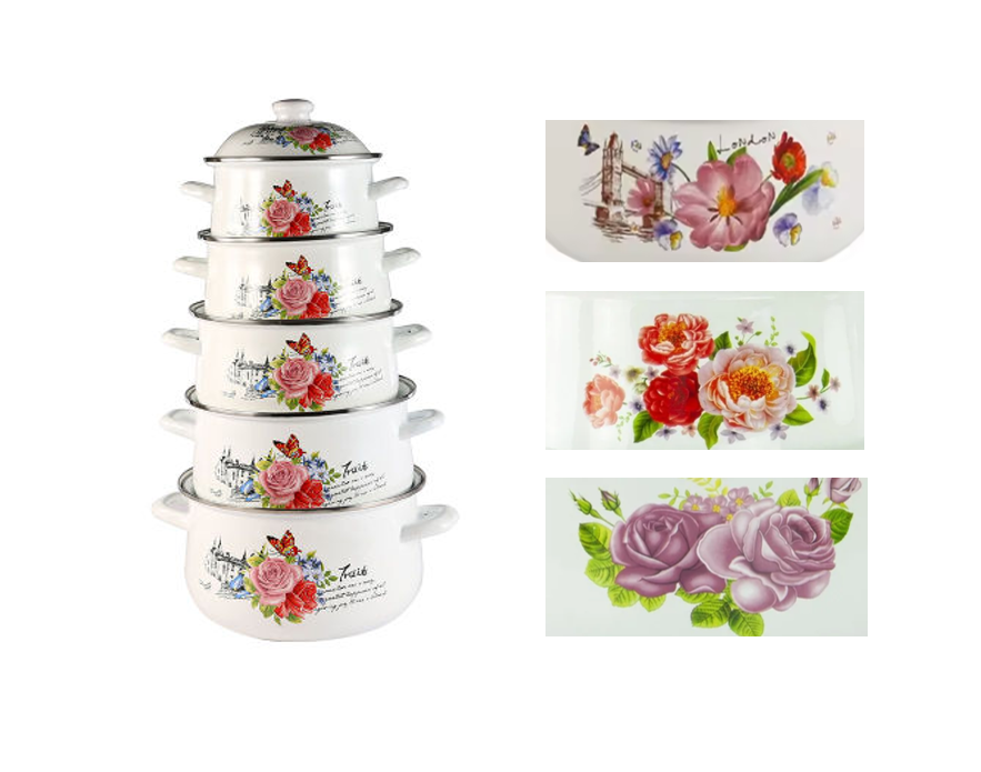 Enamel Cooking Pot Set of 5 Floral Design Assorted Designs 773D / 9200 (Big Parcel Rate)