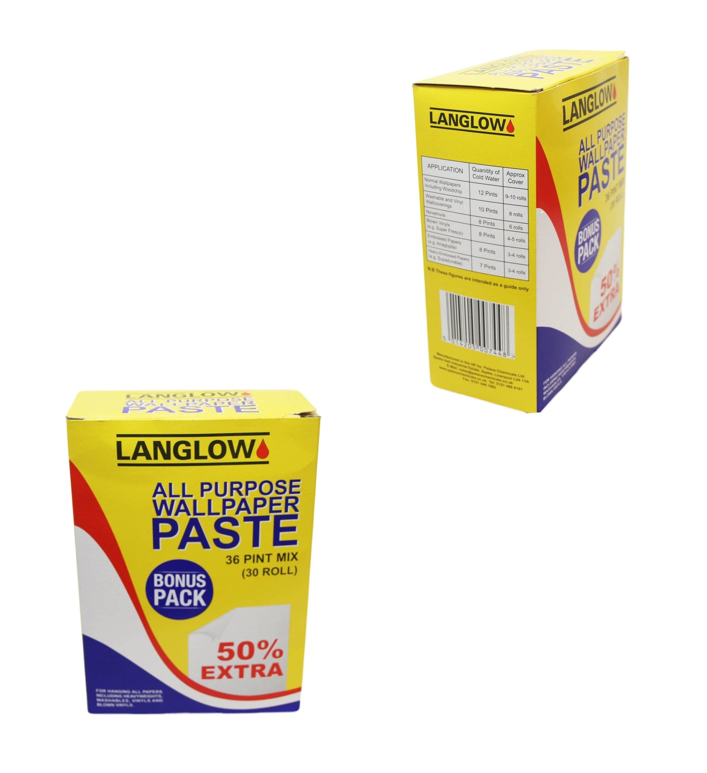 LangLow All Purpose WALLPAPER Paste Bonus Pack 50% Extra 36 Pint Mix Suitable For All 0744 (Parcel Rate)