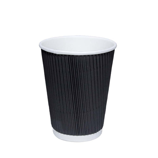 12oz 340ml Black Recyclable Ripple Paper Cups With Lids Pack of 6 EC1130 (Parcel Rate)