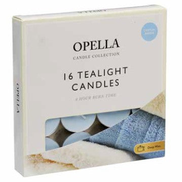 16 Opella Tealight Candles 8 Hour Long Burn Cotton Breeze (10/60) CDFRC A (Parcel Rate)