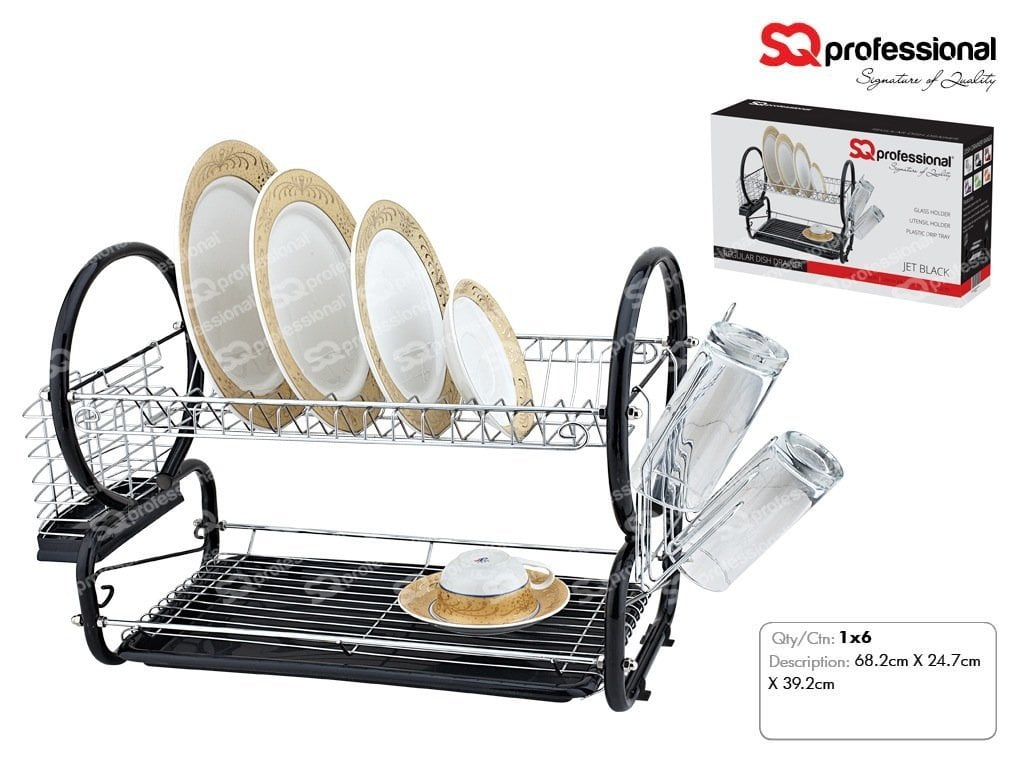 SQ Pro Large 2 Tier Chrome Kitchen Drip Dish Drainer Plates Rack & Glass Holder Black 1833 (Big Parcel Rate)p