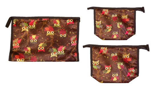 Bathroom Make-up Toiletry Travel Bag Owl Print Set of 3 Assorted Colours 2270 (Parcel Rate)