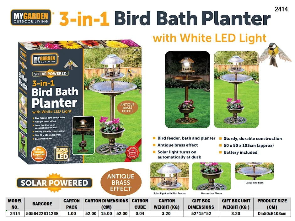 Solar Powered 3 In 1 Bird Bath Planter Garden Decoration 2414 (Parcel Rate)