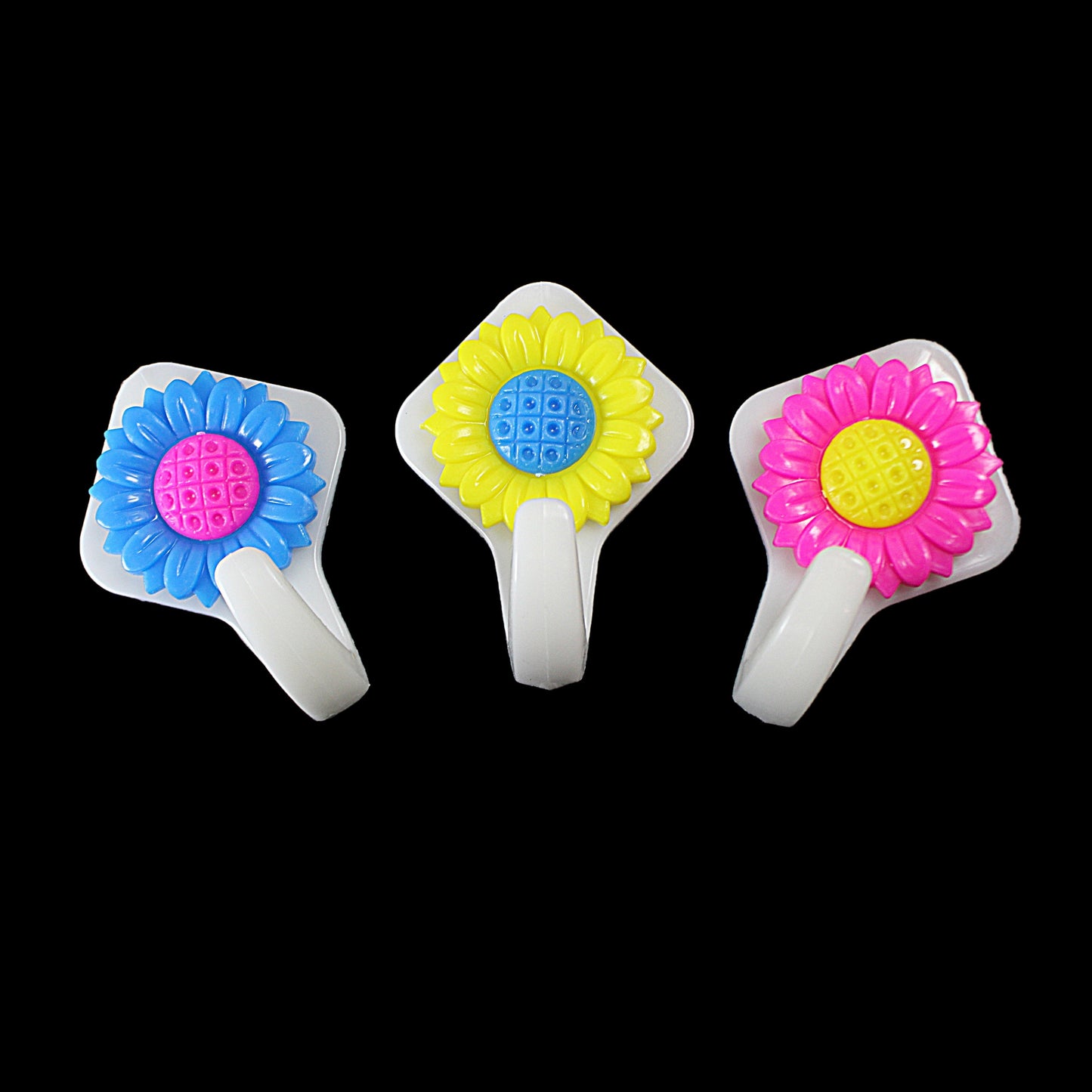 Plastic Stick On Bathroom Hooks Flower Design 3pc Assorted Colours 2763 (Parcel Rate)