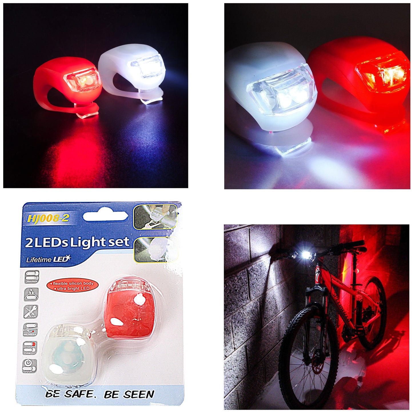 2 LED Light Set Silicone Bike Lights Flexible Waterproof Red/White 3410 A (Large Letter Rate)