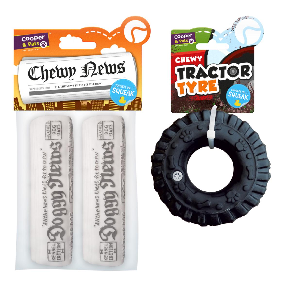 Dog Toys Squeaky Tractor Tyre / Newspaper Assorted Designs 312455 (Parcel Rate)