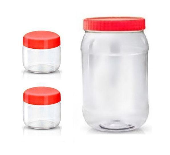 Kitchen Household Storage Plastic Clear Food Jars Red Lid (1Litre + 100ml x 2 pcs) ST5132 (Parcel Rate)