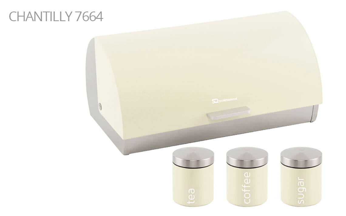SQ Professional Dainty Metal Bread Bin with 3 Canisters Chantilly Cream 7664 (Parcel Rate)