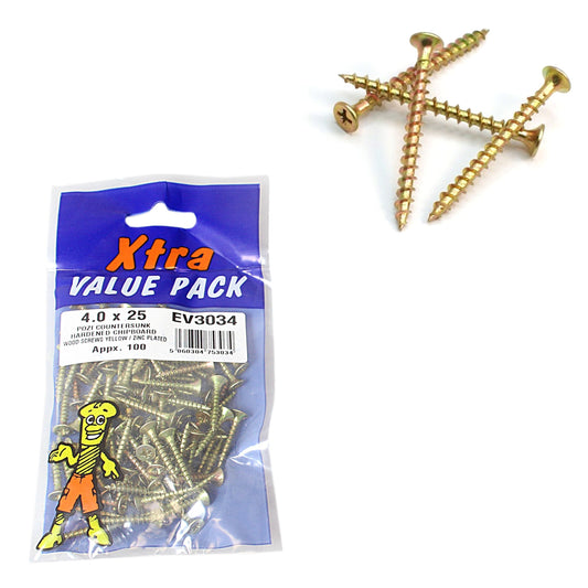 4.0 x 25 Pozi c/sk Chipboard Screws Yellow Diy Xtra Value 3034 (Large Letter Rate)