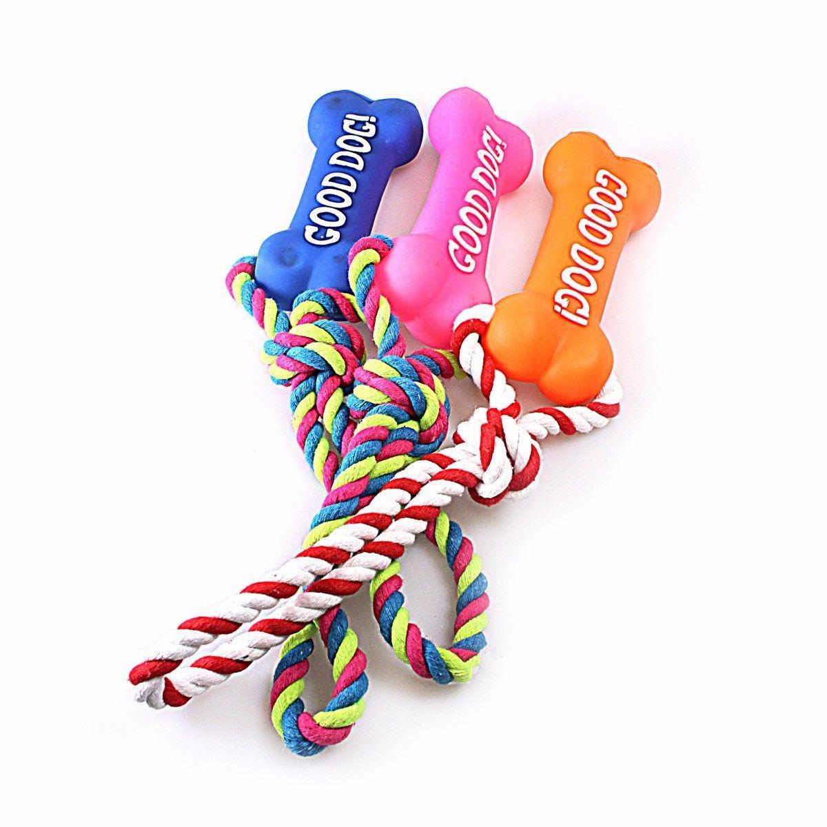Cute Dog / Puppy Bone Toy 'Good Dog' with Rope Chewing Squeezable Toy Assorted Colours 4609 (Parcel Rate)