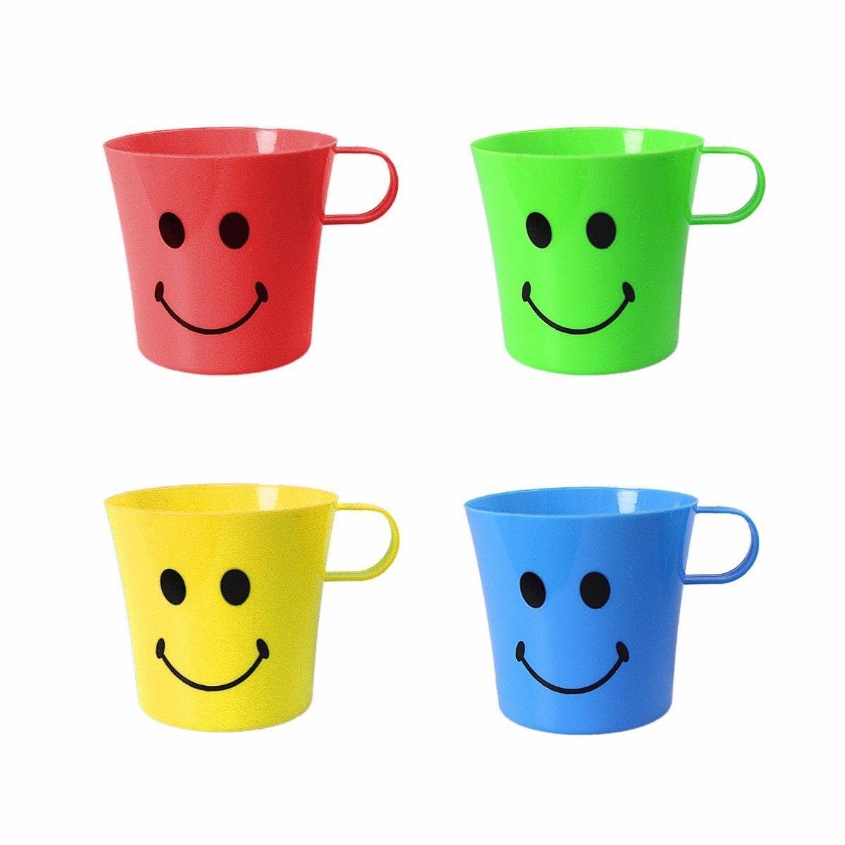 Fun 4 Colour Smiley Plastic Handles Mugs For Parties, Home etc   0438 (Parcel Rate)