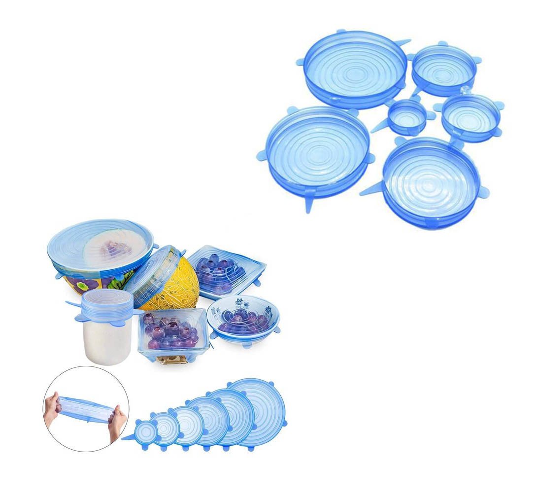 Microwave Safe Silicone Stretch Lids Flexible Bowl Covers 6-Piece Transparent Blue 5536 (Parcel Rate)