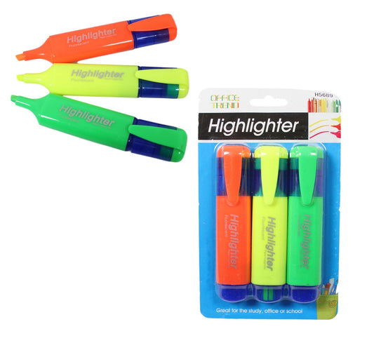 3 Pack Neon Coloured Highlighters School Stationery Highlighter Set 5565 (Parcel Rate)