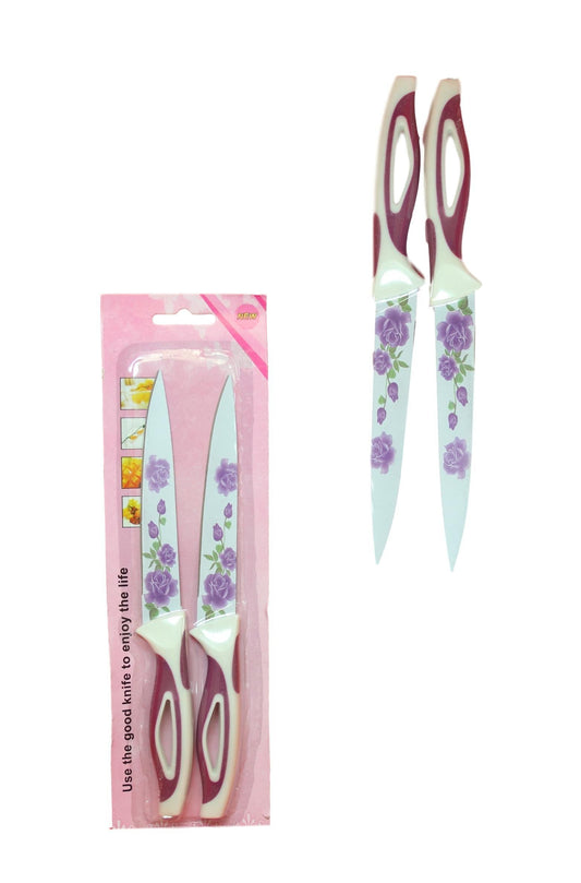 Kitchen Knife with Floral Design 21 cm Pack of 2 Assorted Colours 5649 (Large Letter Rate)