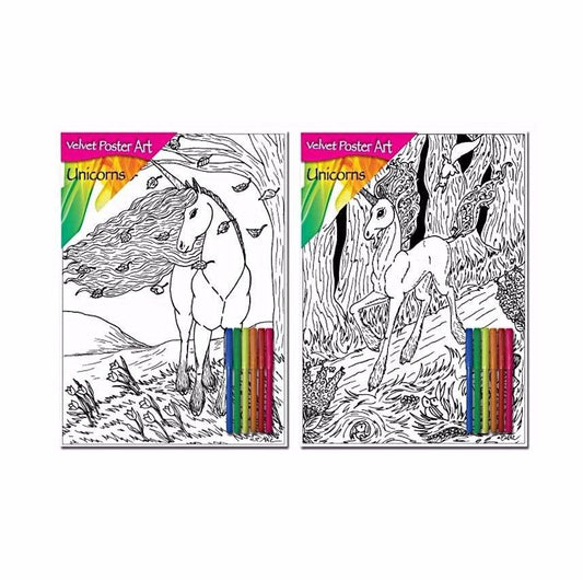Velvet Poster Art Children's' Fun Colouring with Pens Unicorns 1 25 x 38 cm 2 Designs P3024 (Parcel Rate)