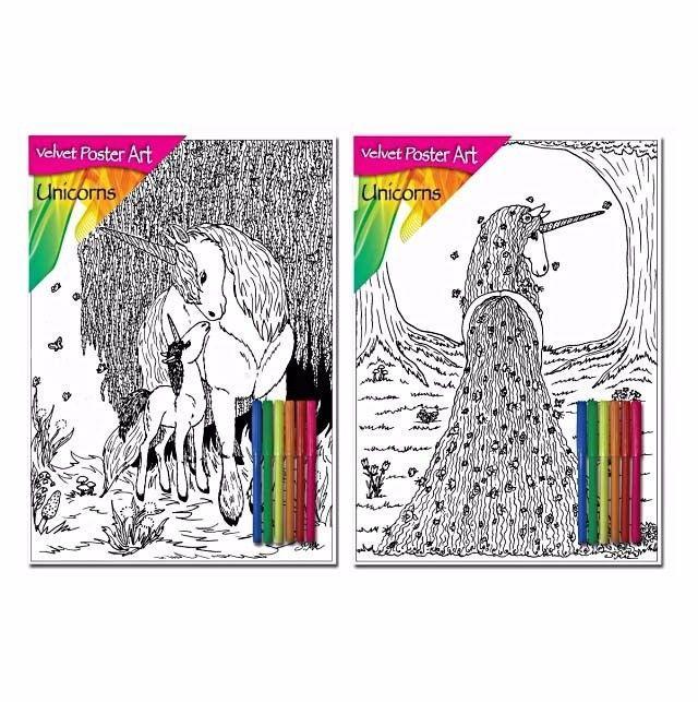 Velvet Poster Art Children's' Fun Colouring with Pens Unicorns 1 25 x 38 cm 2 Designs P3024 (Parcel Rate)