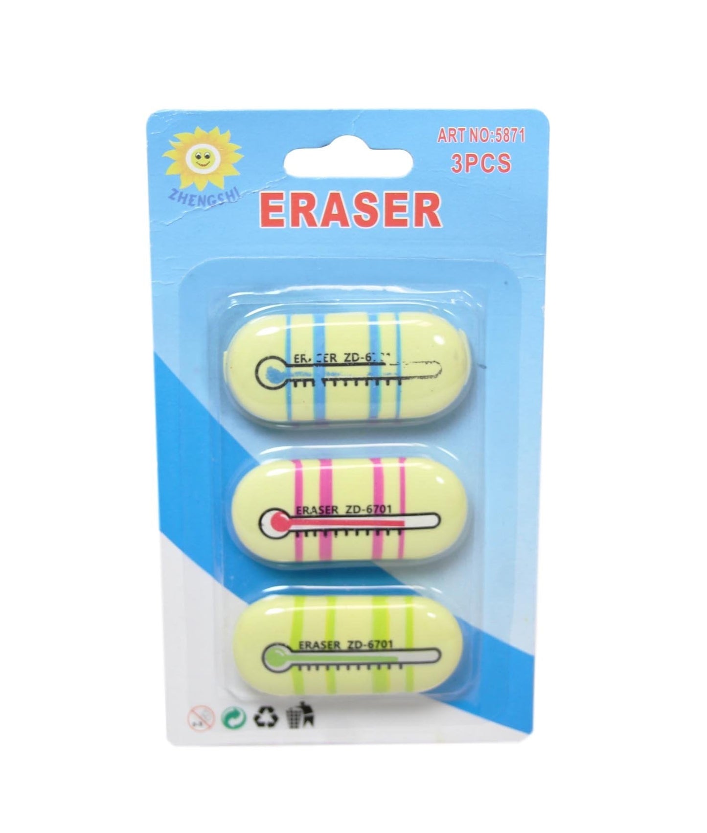 Stationary School Eraser Rubber Thermometer Themed 5 x 0.5 cm Pack of 3 Assorted Colours 5871 (Large Letter Rate)