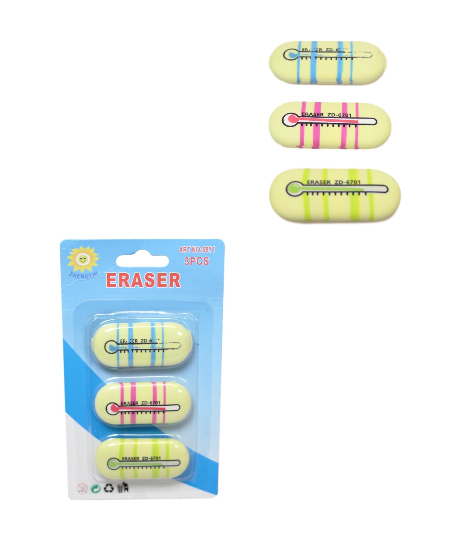 Stationary School Eraser Rubber Thermometer Themed 5 x 0.5 cm Pack of 3 Assorted Colours 5871 (Large Letter Rate)