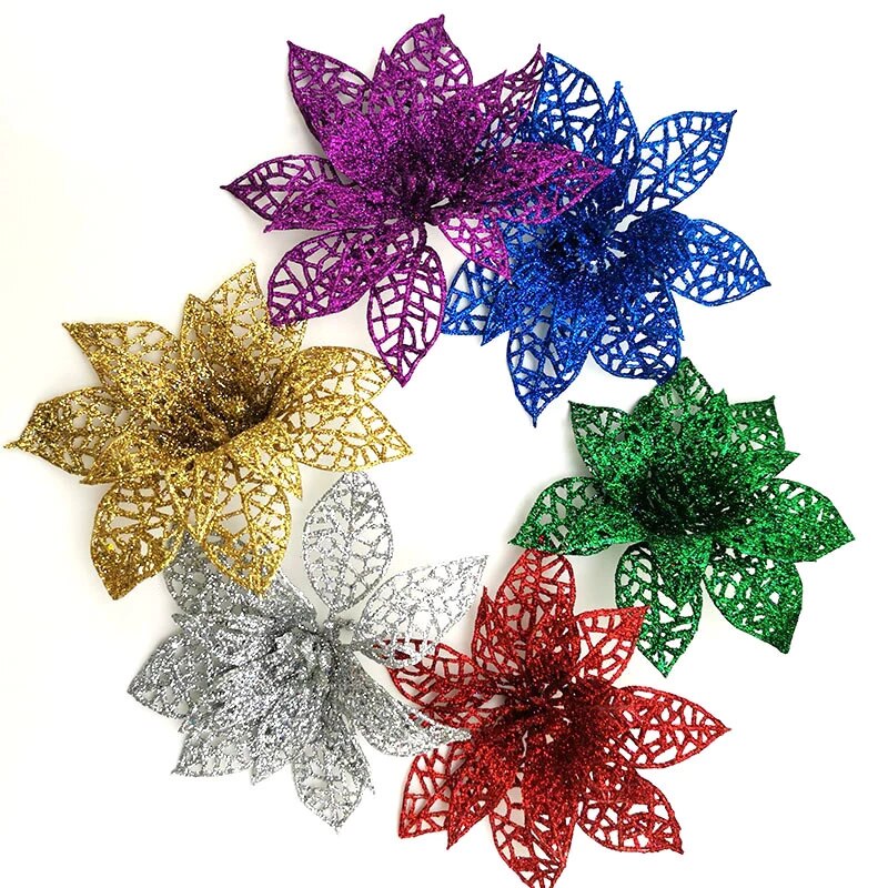 Christmas Tree Decoration Poinsettia Flower Glitter with Clip Assorted Colours 1462 (Parcel Rate)