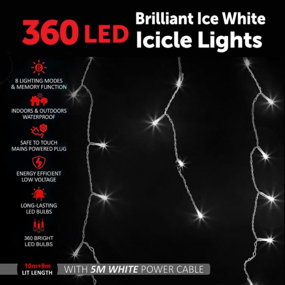 360LED Brilliant Ice White Icicle Lights 6049 (Parcel Rate)