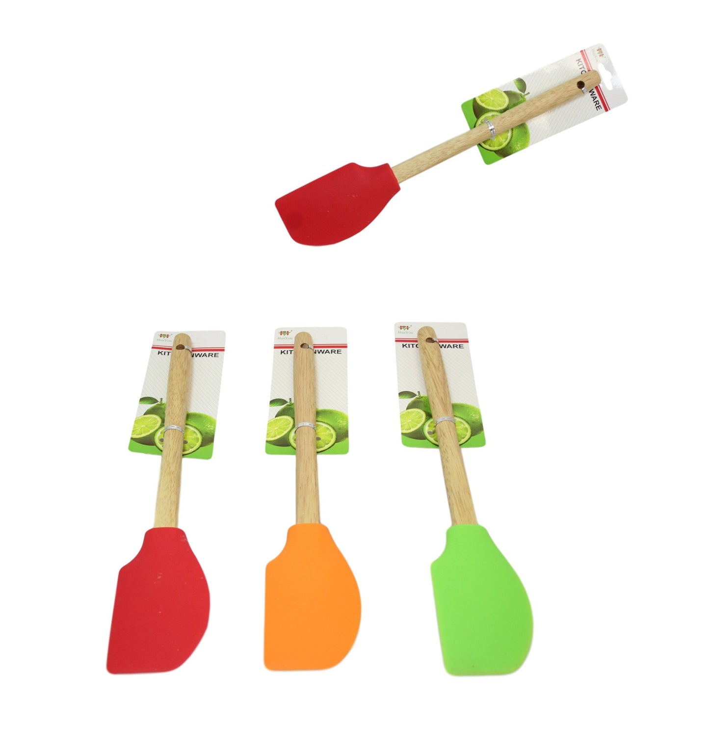 Kitchen Silicone Flat Sided Scraper Spatula Wooden Handle 32 cm Assorted Colours 6063 (Large Letter Rate)