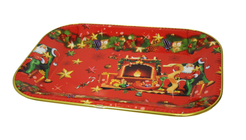 Christmas Festive Serving Tray Red Xmas Print Plastic Serving Gold Rim Tray 30 x 23 cm 6119 (Parcel Rate)
