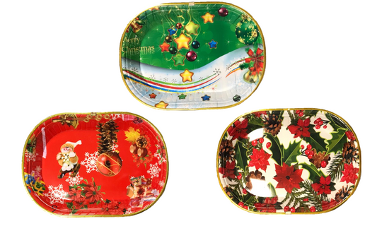 Plastic Oval Christmas Coffee Serving Tray with Gold Rim 30 x 23 x 3.5 cm Assorted Designs 6122 (Parcel Rate)