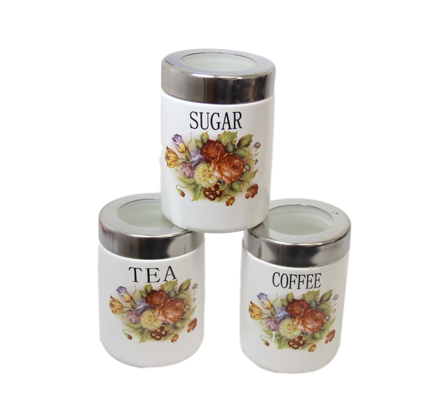 Tea Coffee Sugar Storage Jars  With Rack Kitchen Containers Floral Print Jars 3 Pack 11 x 8cm 6440 (Parcel Rate)