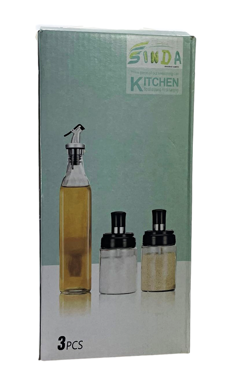 3 Piece Set Oil Bottle And Seasoning Jars Glass Kitchen Home 6663 (Parcel Rate)