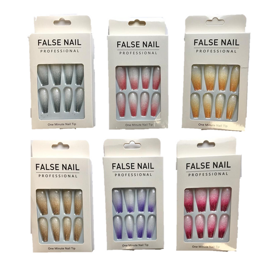 Artificial Fake Nail Extensions Coffin Tip Glitter Gradient Design Assorted Colours 6679 (Parcel rate)