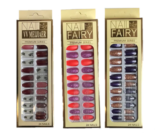 Artificial Fake Nail Extensions Fairy Premium Series 24pc Assorted Designs and Colours 6683 (Parcel Rate)