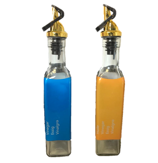 Clear Glass Oil and Vinegar Bottle with Coloured Label 250 ml Gold Plastic Stopper Assorted Colours 6812 (Parcel Rate)