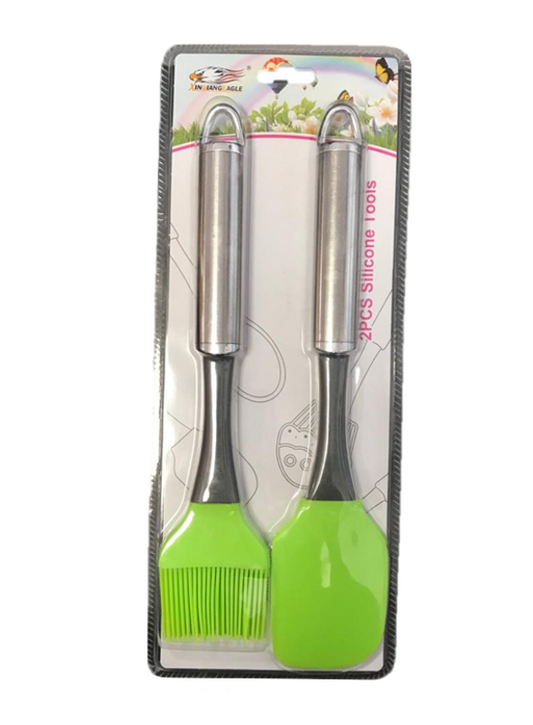 Green Silicone Spatula and Pastry Brush Set Metal Handle 26 cm 6951 (Parcel Rate)