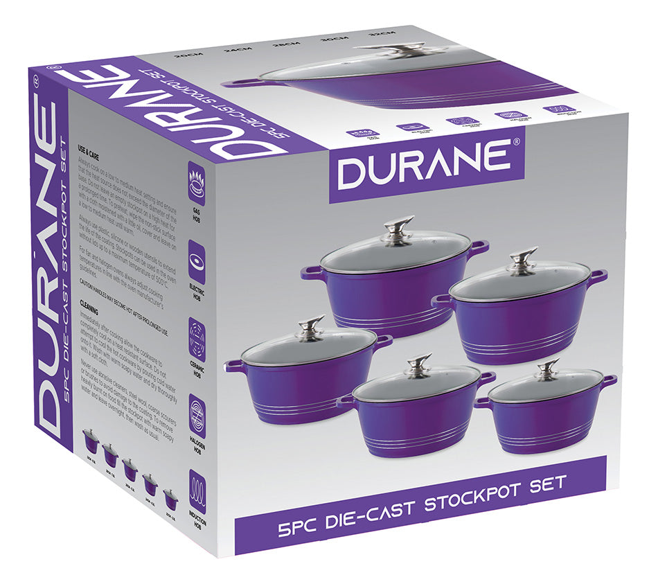 Durane Die Cast Stock Pot Set of 5 Purple 20 - 32 cm 9319 (Big Parcel Rate)