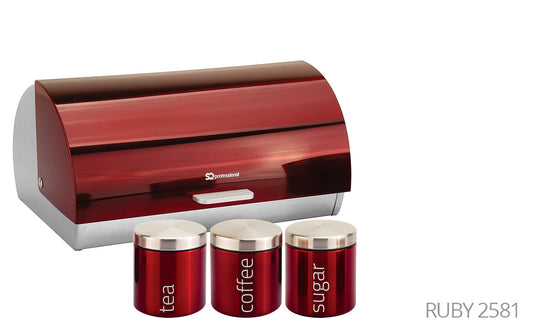 SQ Professional Gems Metal Bread Bin with 3 Canisters Ruby 2581 (Parcel Rate)