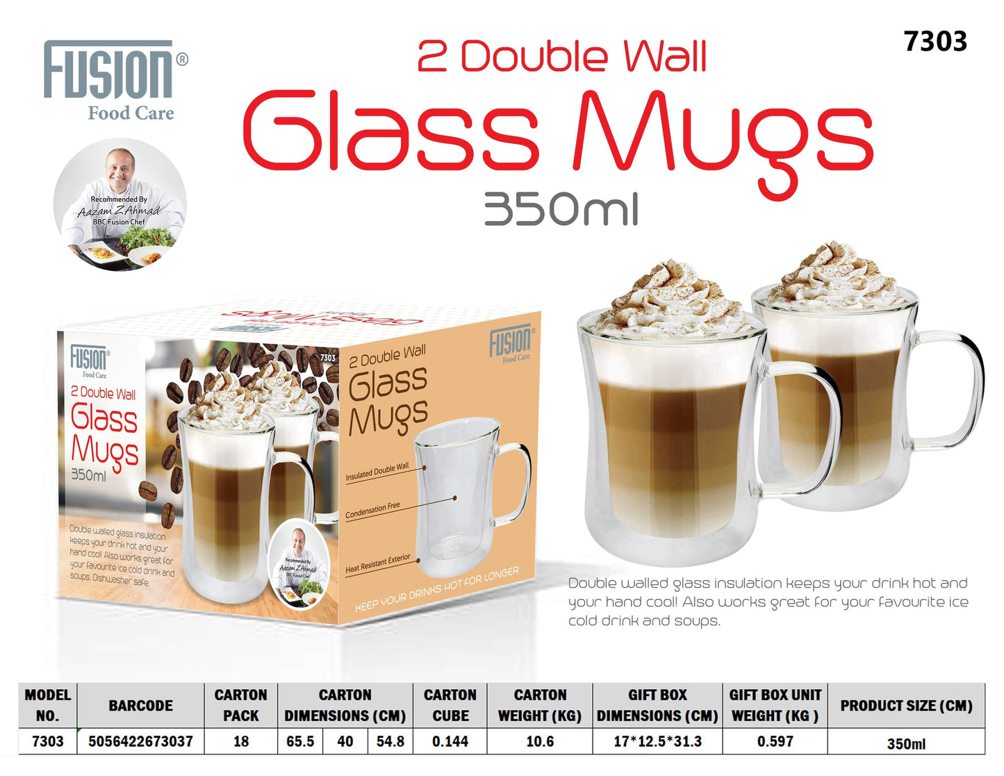 Double Wall Glass Mugs with Handle 350ml Set of 2 7303 (Parcel Rate)