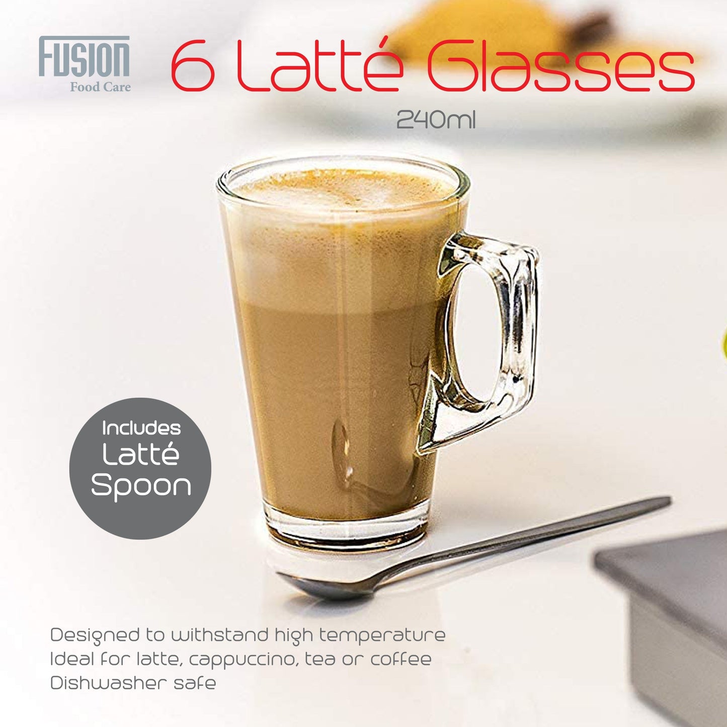 Set Of 6 Latte Glasses 240ml With Latte Spoon 7344 (Parcel Rate)