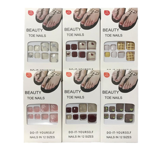 Artificial Fake Toe Nail Extensions with Nail Glue Adhesive Tabs Assorted Designs 7311 (Parcel Rate)