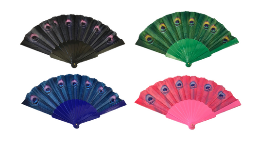 Plastic Chinese Folding Hand Fan Printed Peacock Feather Design 23 x 38 cm Assorted Colours 7348 (Parcel Rate)