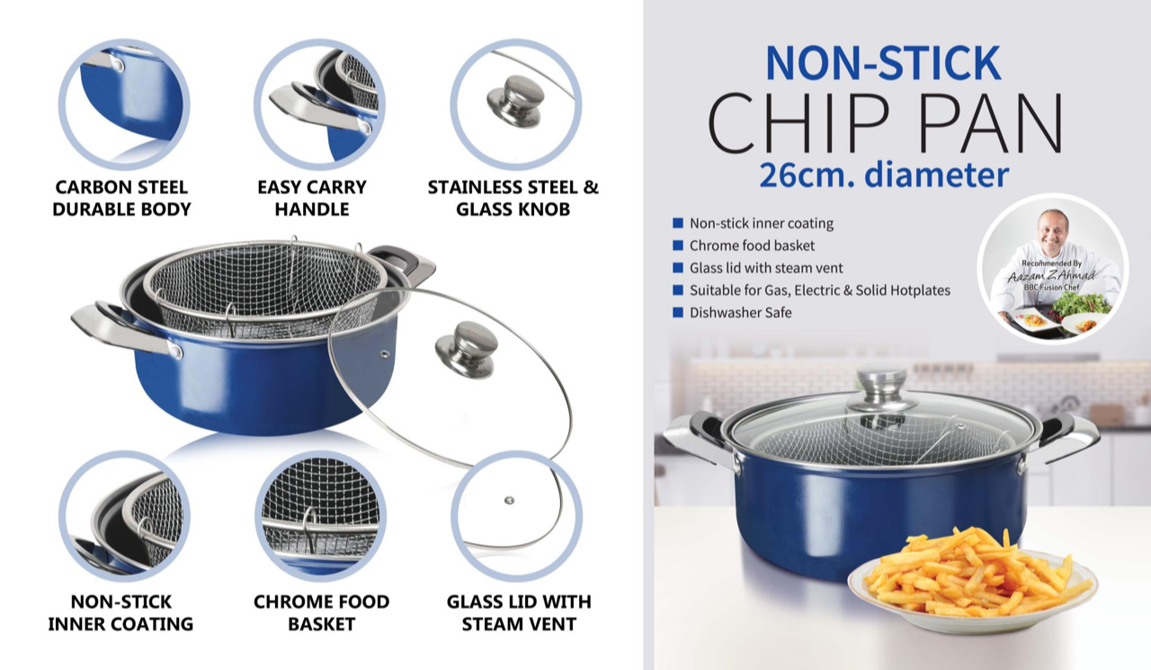 DGI Non Stick Chip Pan with Glass Lid 26 cm Blue 7352 (Big Parcel Rate)