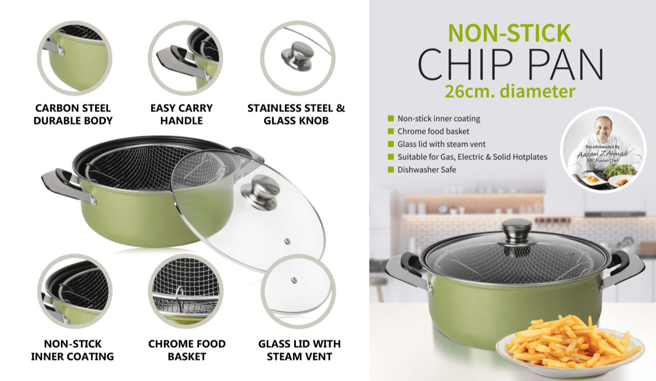 DGI Non Stick Chip Pan with Glass Lid 26 cm Olive 7533 (Big Parcel Rate)