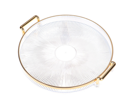 Round Clear Plastic Serving Tray with Gold Rim and Handles 32 cm 7354 (Parcel Rate)