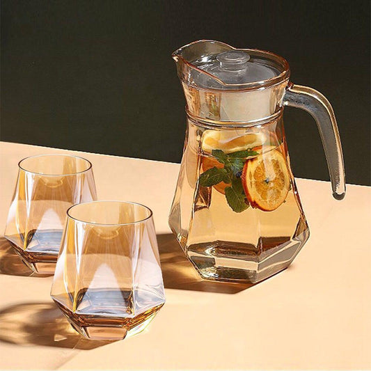 Hexagonal Glass Water Jug and Cups Set 5pcs Copper Orange 7114 (Parcel Plus Rate)